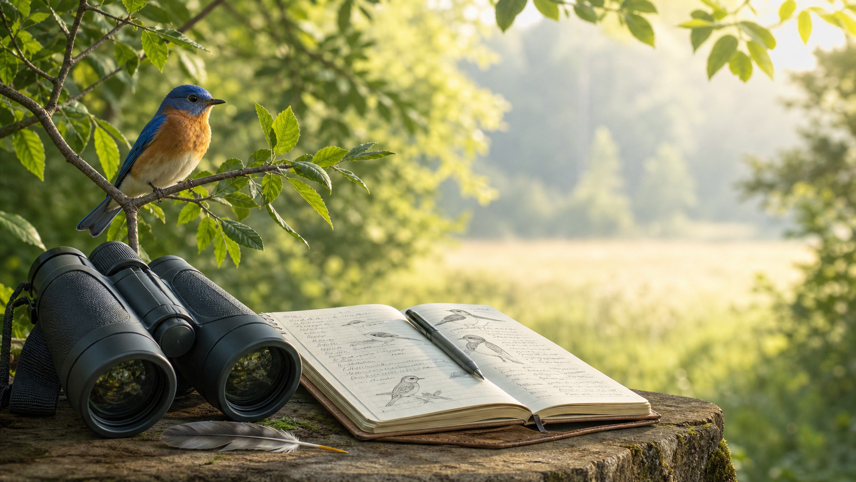 Birdwatching notebook, binoculars, and a colorful bird in morning light